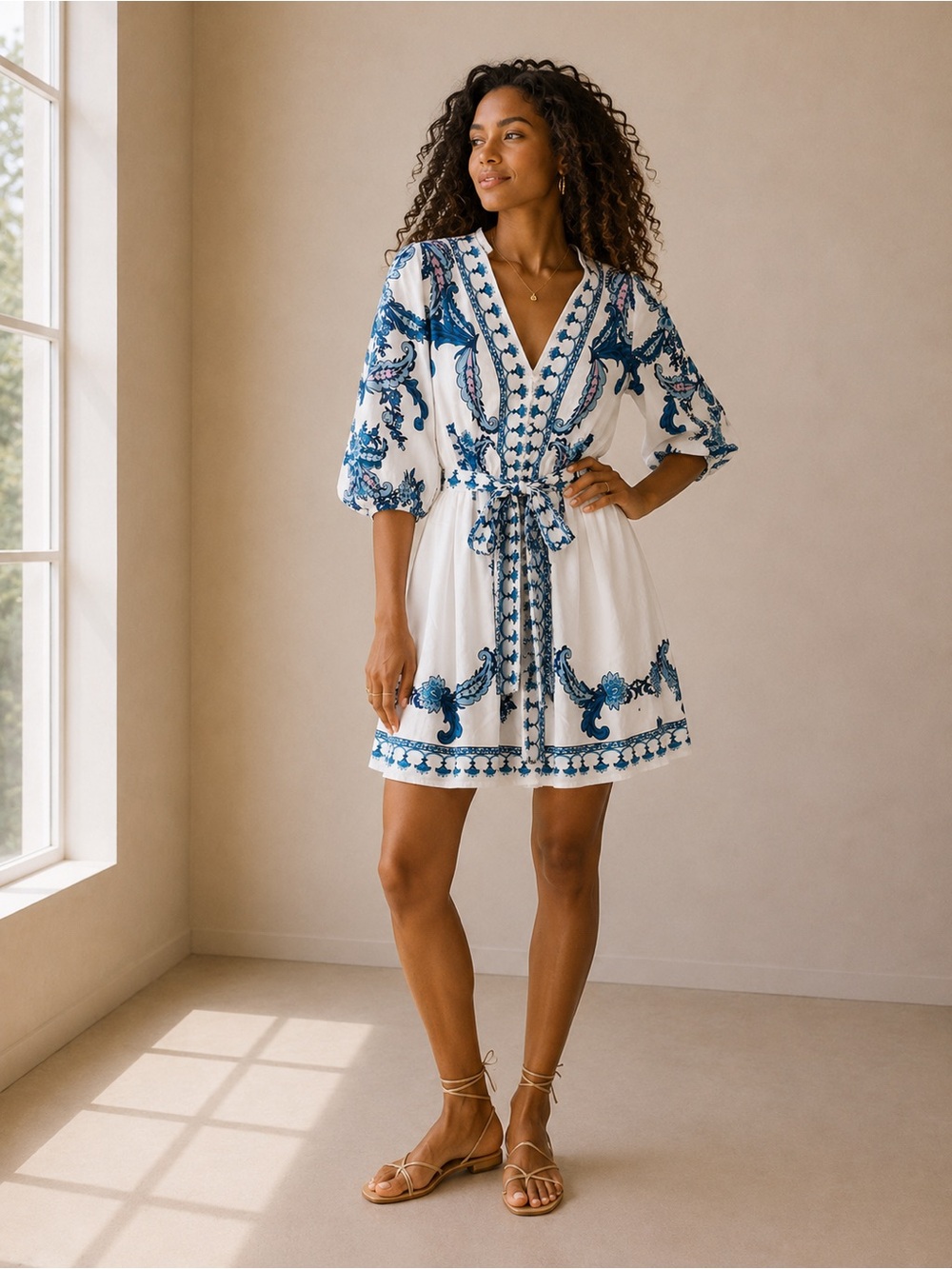 White Embroidered V-Neck Dress with Blue Paisley Detail